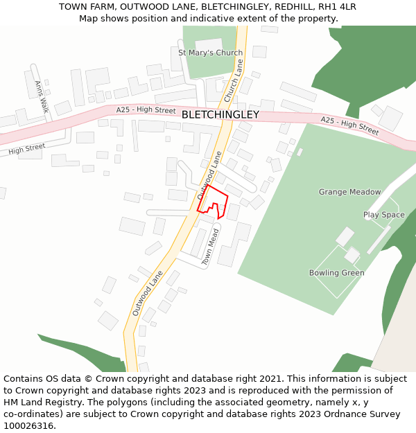 TOWN FARM, OUTWOOD LANE, BLETCHINGLEY, REDHILL, RH1 4LR: Location map and indicative extent of plot