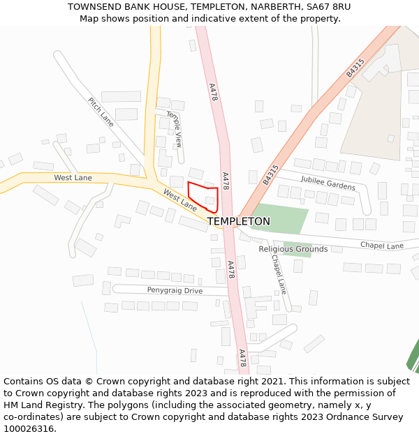 TOWNSEND BANK HOUSE, TEMPLETON, NARBERTH, SA67 8RU: Location map and indicative extent of plot