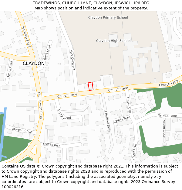 TRADEWINDS, CHURCH LANE, CLAYDON, IPSWICH, IP6 0EG: Location map and indicative extent of plot