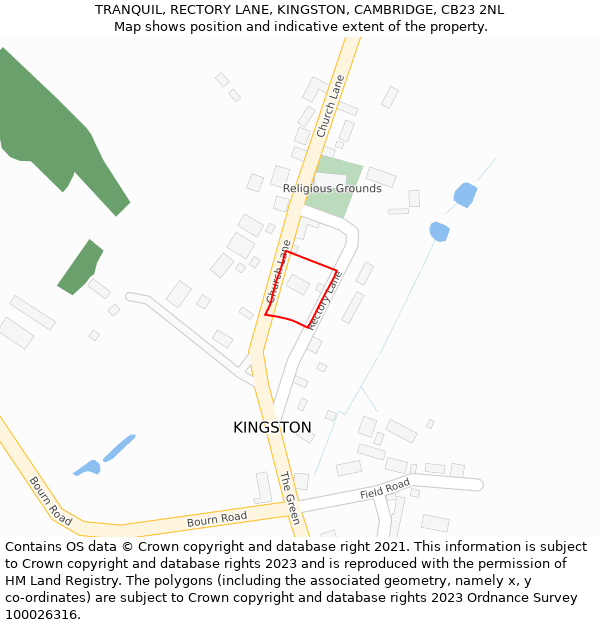 TRANQUIL, RECTORY LANE, KINGSTON, CAMBRIDGE, CB23 2NL: Location map and indicative extent of plot