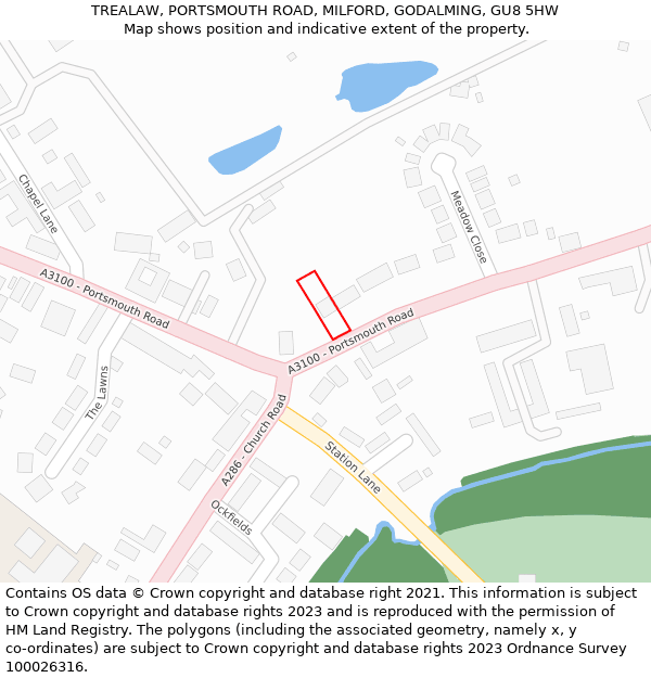 TREALAW, PORTSMOUTH ROAD, MILFORD, GODALMING, GU8 5HW: Location map and indicative extent of plot