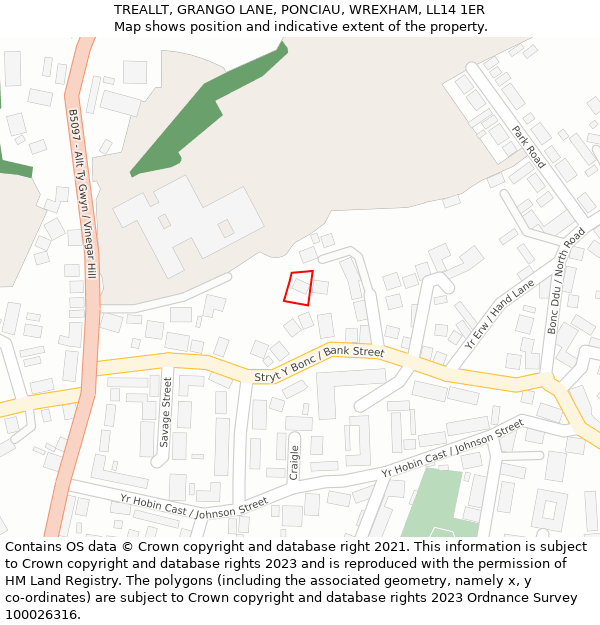 TREALLT, GRANGO LANE, PONCIAU, WREXHAM, LL14 1ER: Location map and indicative extent of plot