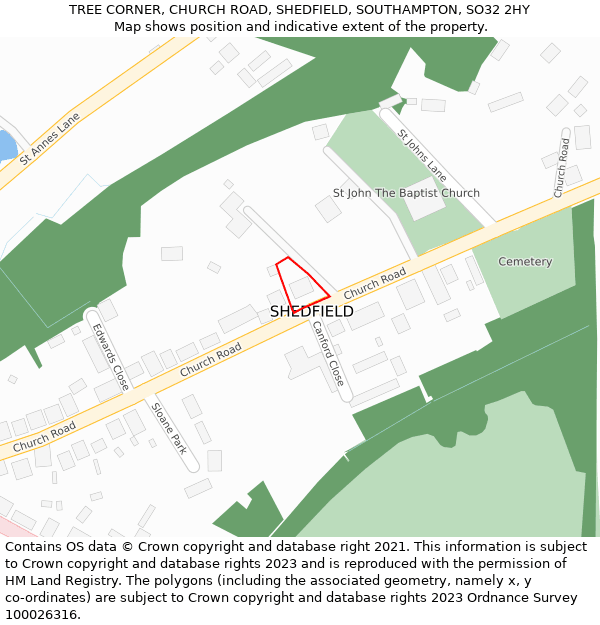 TREE CORNER, CHURCH ROAD, SHEDFIELD, SOUTHAMPTON, SO32 2HY: Location map and indicative extent of plot