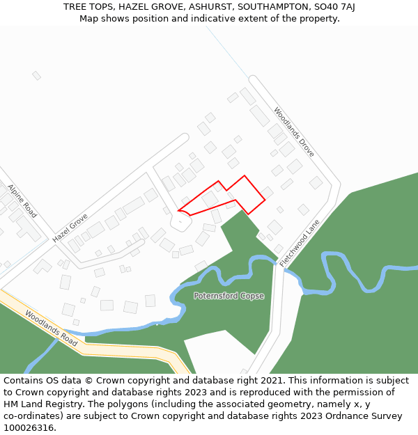 TREE TOPS, HAZEL GROVE, ASHURST, SOUTHAMPTON, SO40 7AJ: Location map and indicative extent of plot