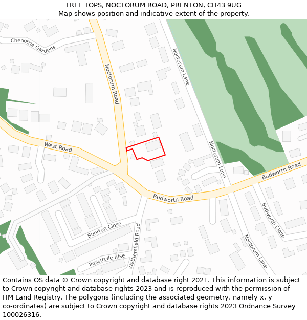 TREE TOPS, NOCTORUM ROAD, PRENTON, CH43 9UG: Location map and indicative extent of plot