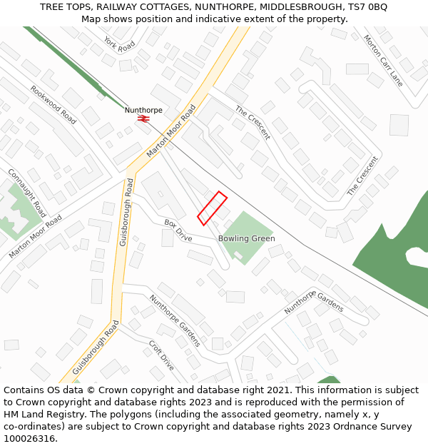 TREE TOPS, RAILWAY COTTAGES, NUNTHORPE, MIDDLESBROUGH, TS7 0BQ: Location map and indicative extent of plot