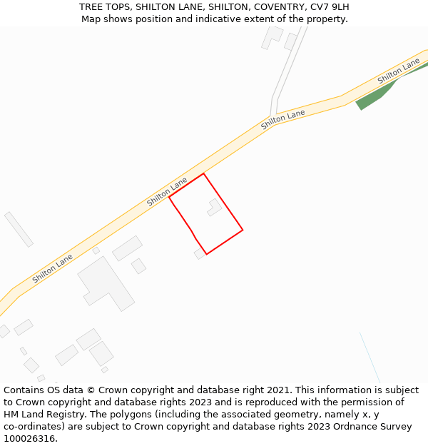 TREE TOPS, SHILTON LANE, SHILTON, COVENTRY, CV7 9LH: Location map and indicative extent of plot
