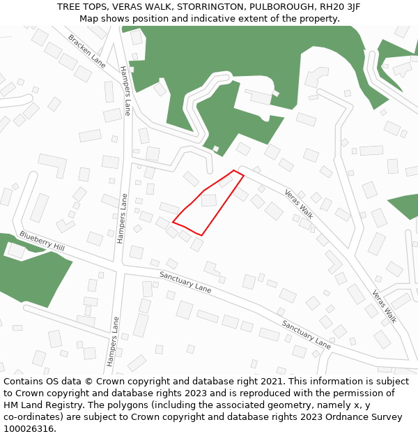 TREE TOPS, VERAS WALK, STORRINGTON, PULBOROUGH, RH20 3JF: Location map and indicative extent of plot