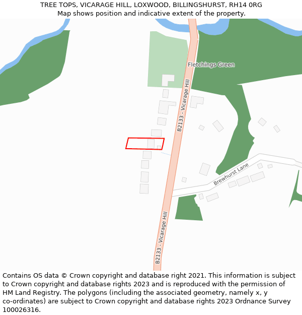 TREE TOPS, VICARAGE HILL, LOXWOOD, BILLINGSHURST, RH14 0RG: Location map and indicative extent of plot