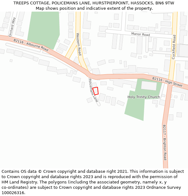 TREEPS COTTAGE, POLICEMANS LANE, HURSTPIERPOINT, HASSOCKS, BN6 9TW: Location map and indicative extent of plot