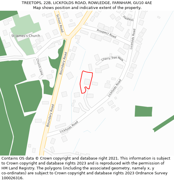 TREETOPS, 22B, LICKFOLDS ROAD, ROWLEDGE, FARNHAM, GU10 4AE: Location map and indicative extent of plot