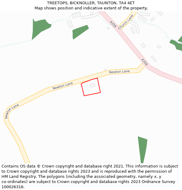 TREETOPS, BICKNOLLER, TAUNTON, TA4 4ET: Location map and indicative extent of plot