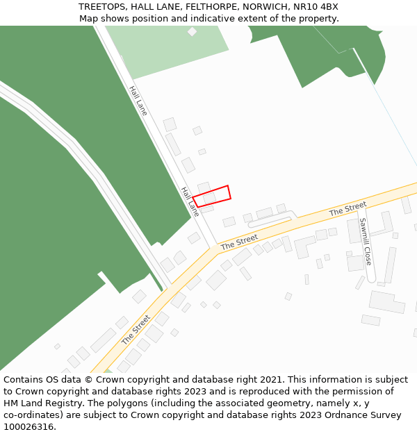 TREETOPS, HALL LANE, FELTHORPE, NORWICH, NR10 4BX: Location map and indicative extent of plot