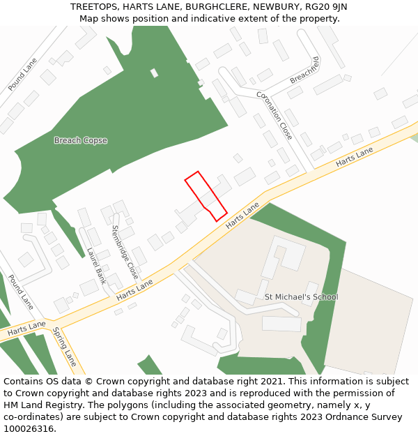 TREETOPS, HARTS LANE, BURGHCLERE, NEWBURY, RG20 9JN: Location map and indicative extent of plot