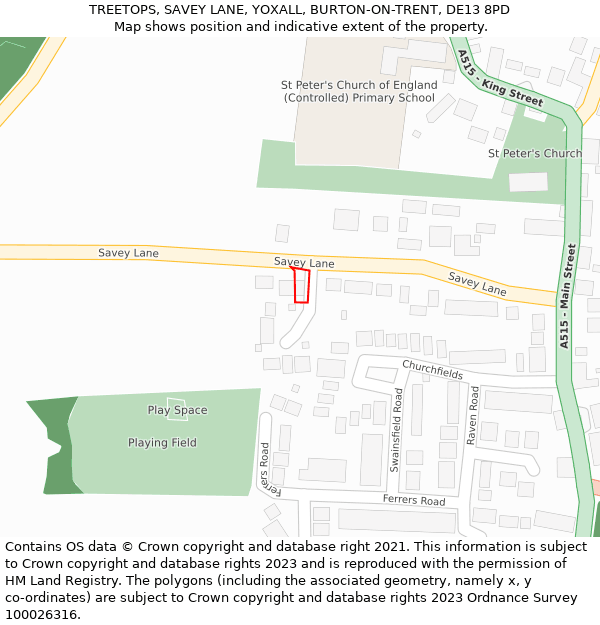 TREETOPS, SAVEY LANE, YOXALL, BURTON-ON-TRENT, DE13 8PD: Location map and indicative extent of plot