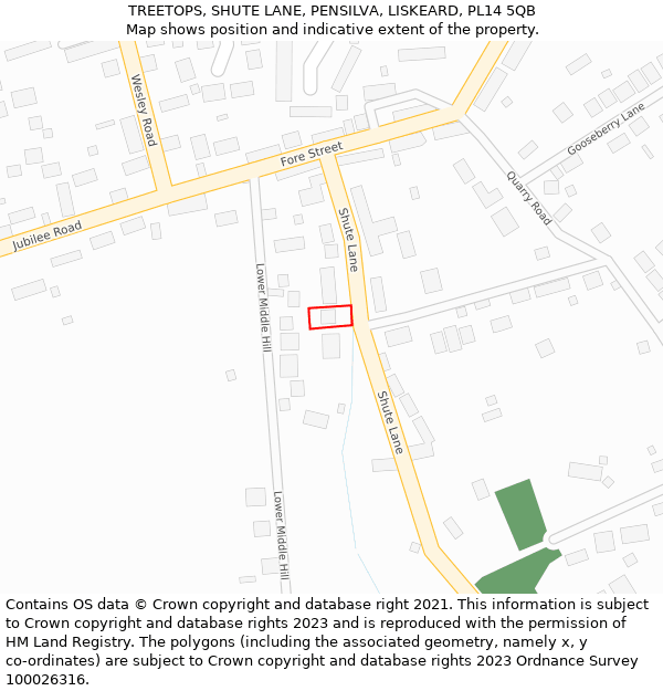 TREETOPS, SHUTE LANE, PENSILVA, LISKEARD, PL14 5QB: Location map and indicative extent of plot