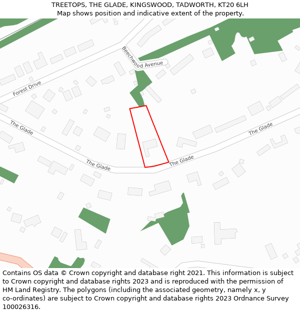 TREETOPS, THE GLADE, KINGSWOOD, TADWORTH, KT20 6LH: Location map and indicative extent of plot