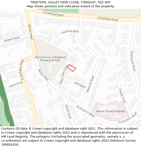 TREETOPS, VALLEY VIEW CLOSE, TORQUAY, TQ1 4DY: Location map and indicative extent of plot