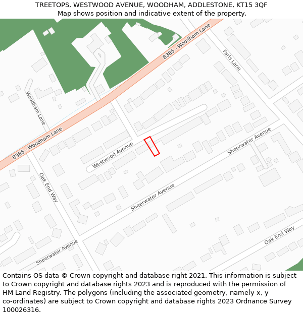 TREETOPS, WESTWOOD AVENUE, WOODHAM, ADDLESTONE, KT15 3QF: Location map and indicative extent of plot