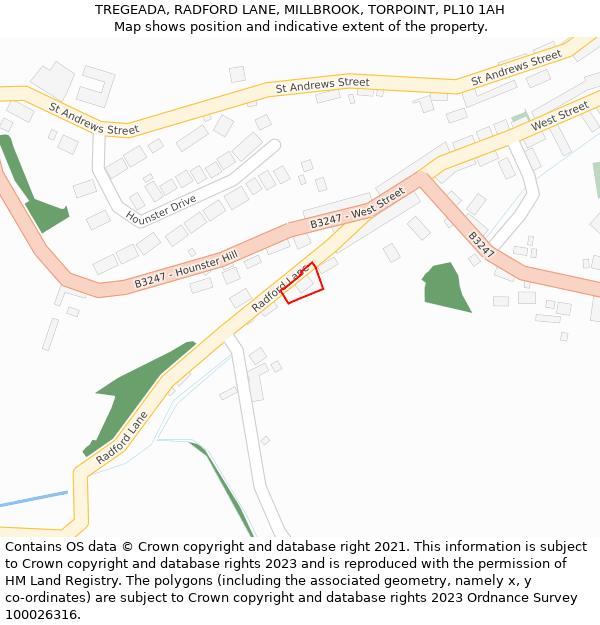 TREGEADA, RADFORD LANE, MILLBROOK, TORPOINT, PL10 1AH: Location map and indicative extent of plot