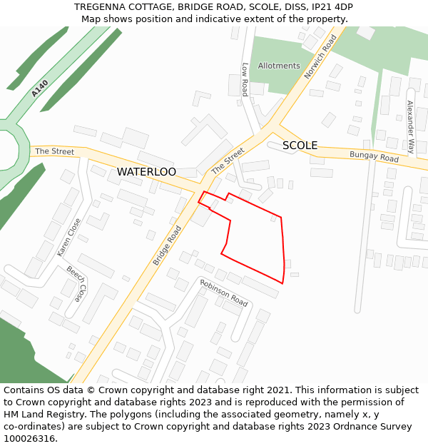 TREGENNA COTTAGE, BRIDGE ROAD, SCOLE, DISS, IP21 4DP: Location map and indicative extent of plot