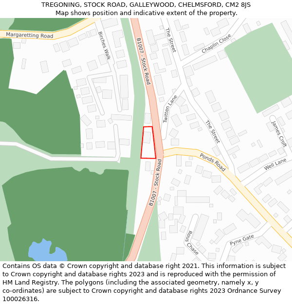 TREGONING, STOCK ROAD, GALLEYWOOD, CHELMSFORD, CM2 8JS: Location map and indicative extent of plot