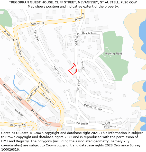 TREGORRAN GUEST HOUSE, CLIFF STREET, MEVAGISSEY, ST AUSTELL, PL26 6QW: Location map and indicative extent of plot