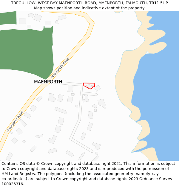 TREGULLOW, WEST BAY MAENPORTH ROAD, MAENPORTH, FALMOUTH, TR11 5HP: Location map and indicative extent of plot