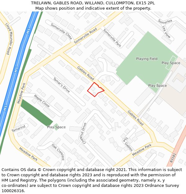 TRELAWN, GABLES ROAD, WILLAND, CULLOMPTON, EX15 2PL: Location map and indicative extent of plot