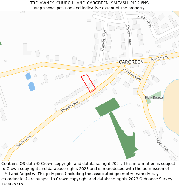 TRELAWNEY, CHURCH LANE, CARGREEN, SALTASH, PL12 6NS: Location map and indicative extent of plot