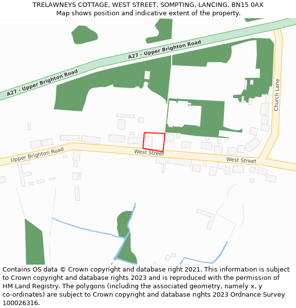 TRELAWNEYS COTTAGE, WEST STREET, SOMPTING, LANCING, BN15 0AX: Location map and indicative extent of plot
