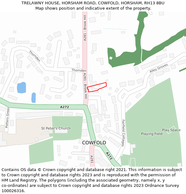 TRELAWNY HOUSE, HORSHAM ROAD, COWFOLD, HORSHAM, RH13 8BU: Location map and indicative extent of plot