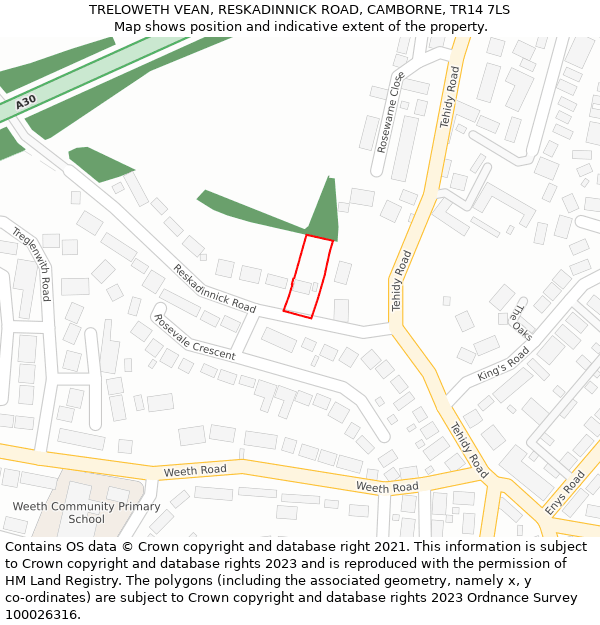 TRELOWETH VEAN, RESKADINNICK ROAD, CAMBORNE, TR14 7LS: Location map and indicative extent of plot