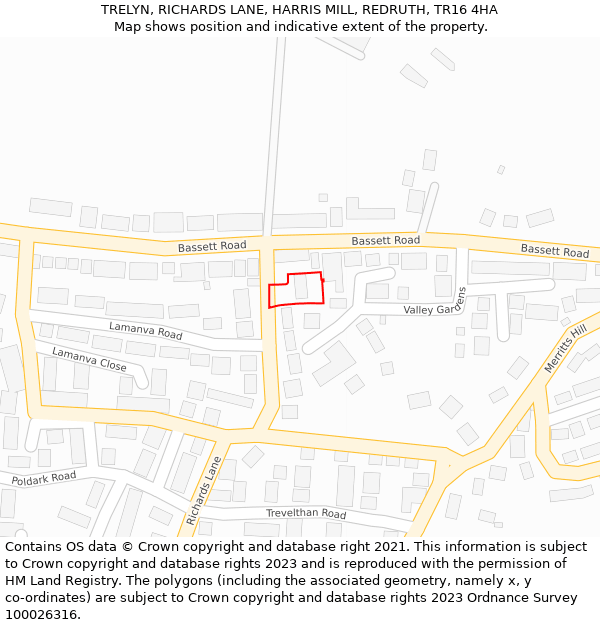 TRELYN, RICHARDS LANE, HARRIS MILL, REDRUTH, TR16 4HA: Location map and indicative extent of plot