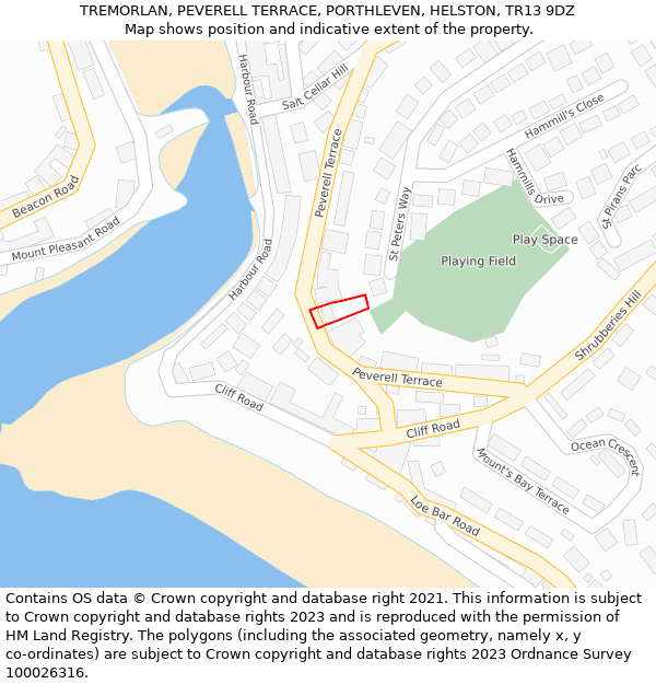 TREMORLAN, PEVERELL TERRACE, PORTHLEVEN, HELSTON, TR13 9DZ: Location map and indicative extent of plot