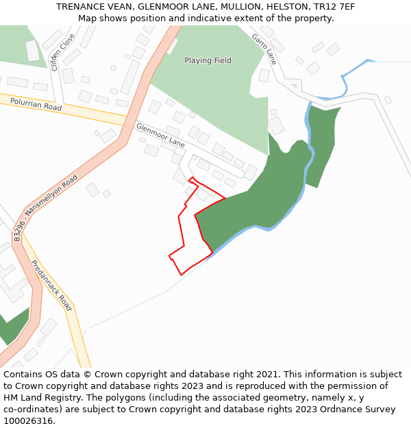 TRENANCE VEAN, GLENMOOR LANE, MULLION, HELSTON, TR12 7EF: Location map and indicative extent of plot
