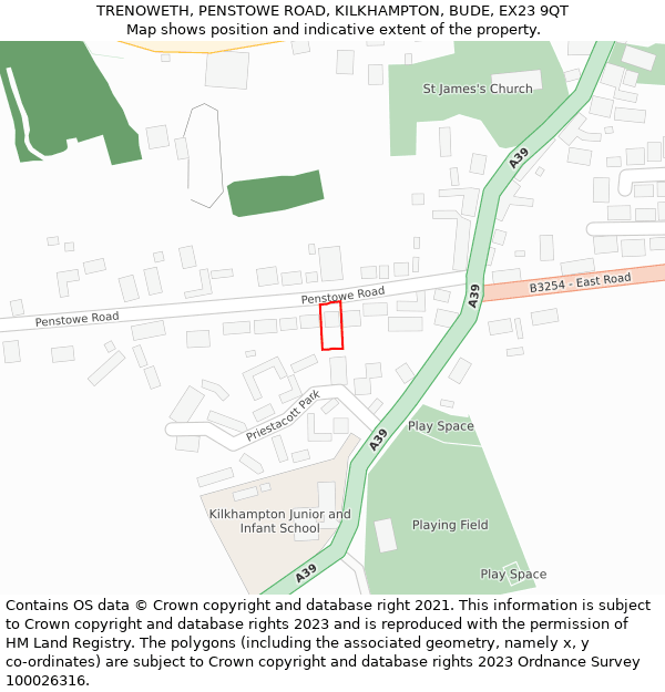 TRENOWETH, PENSTOWE ROAD, KILKHAMPTON, BUDE, EX23 9QT: Location map and indicative extent of plot