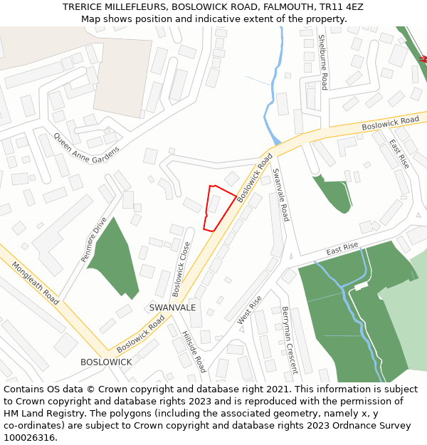 TRERICE MILLEFLEURS, BOSLOWICK ROAD, FALMOUTH, TR11 4EZ: Location map and indicative extent of plot