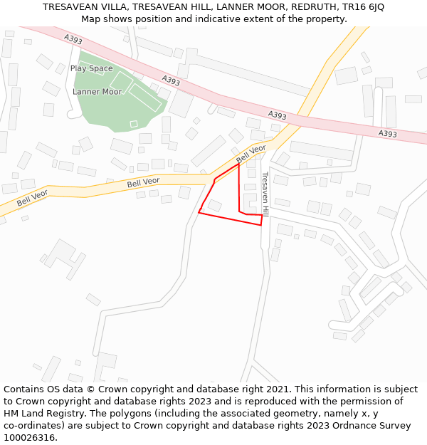 TRESAVEAN VILLA, TRESAVEAN HILL, LANNER MOOR, REDRUTH, TR16 6JQ: Location map and indicative extent of plot