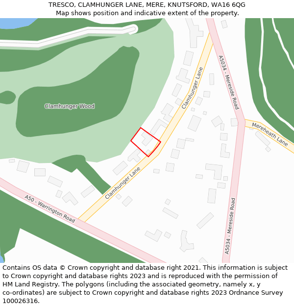 TRESCO, CLAMHUNGER LANE, MERE, KNUTSFORD, WA16 6QG: Location map and indicative extent of plot