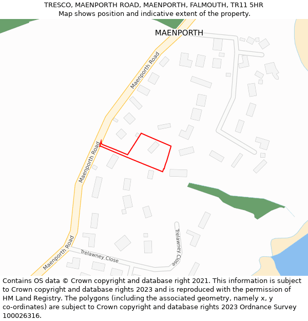 TRESCO, MAENPORTH ROAD, MAENPORTH, FALMOUTH, TR11 5HR: Location map and indicative extent of plot