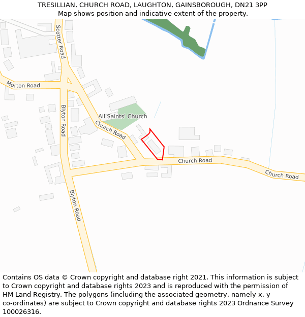 TRESILLIAN, CHURCH ROAD, LAUGHTON, GAINSBOROUGH, DN21 3PP: Location map and indicative extent of plot