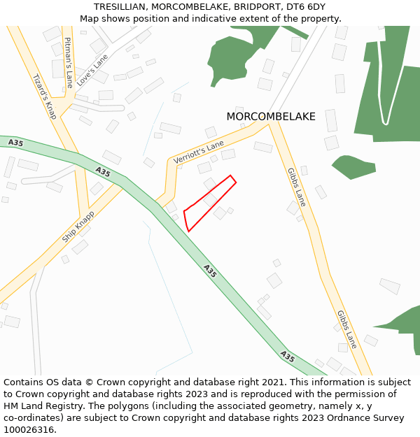 TRESILLIAN, MORCOMBELAKE, BRIDPORT, DT6 6DY: Location map and indicative extent of plot