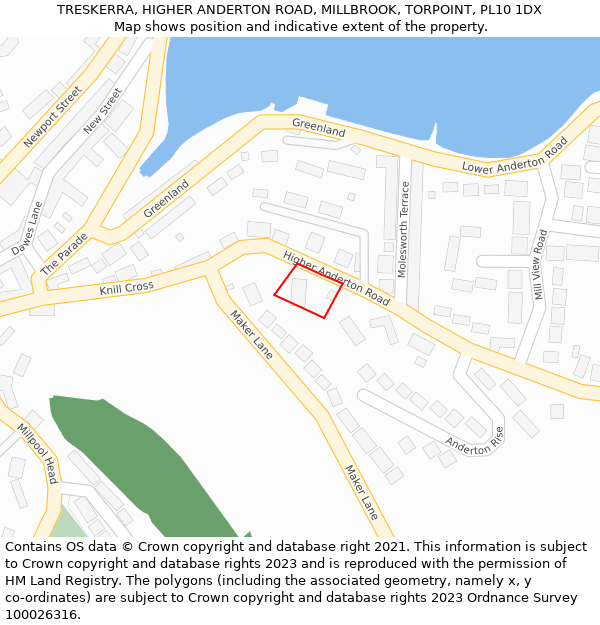 TRESKERRA, HIGHER ANDERTON ROAD, MILLBROOK, TORPOINT, PL10 1DX: Location map and indicative extent of plot