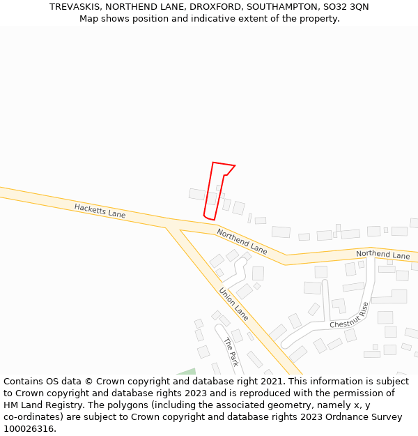 TREVASKIS, NORTHEND LANE, DROXFORD, SOUTHAMPTON, SO32 3QN: Location map and indicative extent of plot