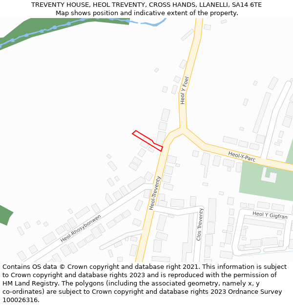 TREVENTY HOUSE, HEOL TREVENTY, CROSS HANDS, LLANELLI, SA14 6TE: Location map and indicative extent of plot