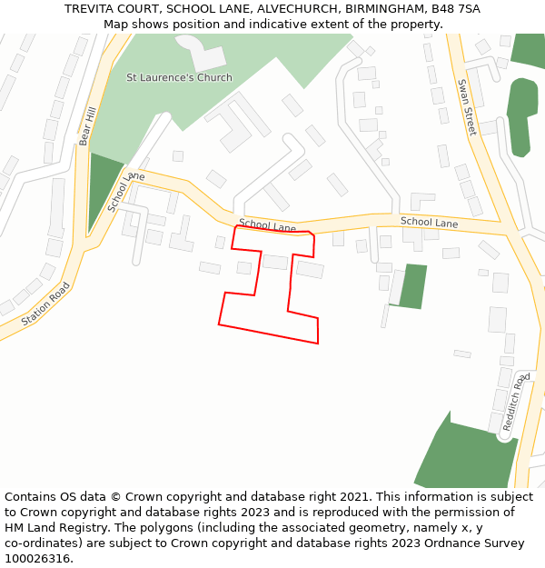 TREVITA COURT, SCHOOL LANE, ALVECHURCH, BIRMINGHAM, B48 7SA: Location map and indicative extent of plot