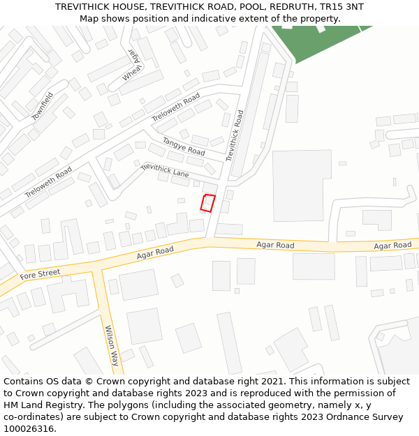 TREVITHICK HOUSE, TREVITHICK ROAD, POOL, REDRUTH, TR15 3NT: Location map and indicative extent of plot