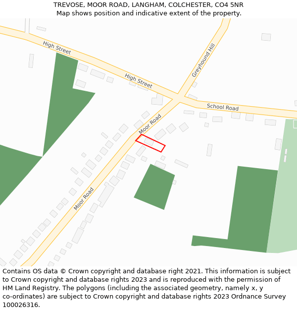 TREVOSE, MOOR ROAD, LANGHAM, COLCHESTER, CO4 5NR: Location map and indicative extent of plot