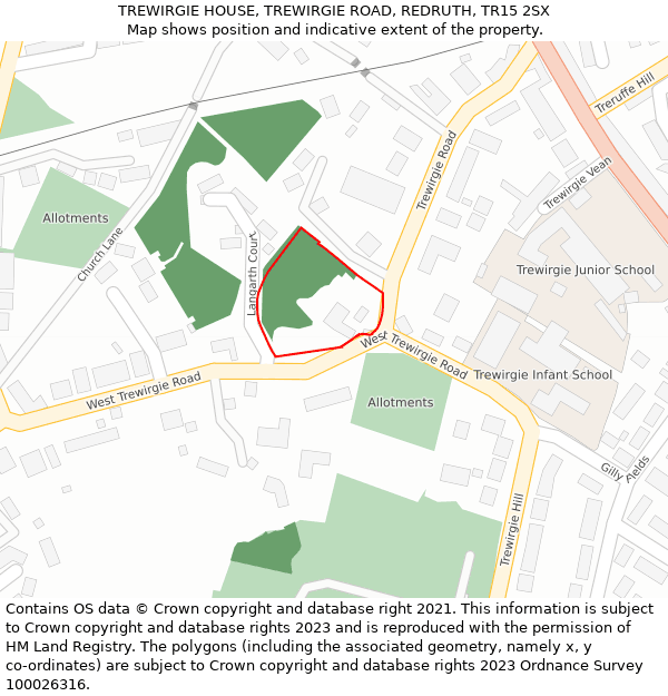 TREWIRGIE HOUSE, TREWIRGIE ROAD, REDRUTH, TR15 2SX: Location map and indicative extent of plot